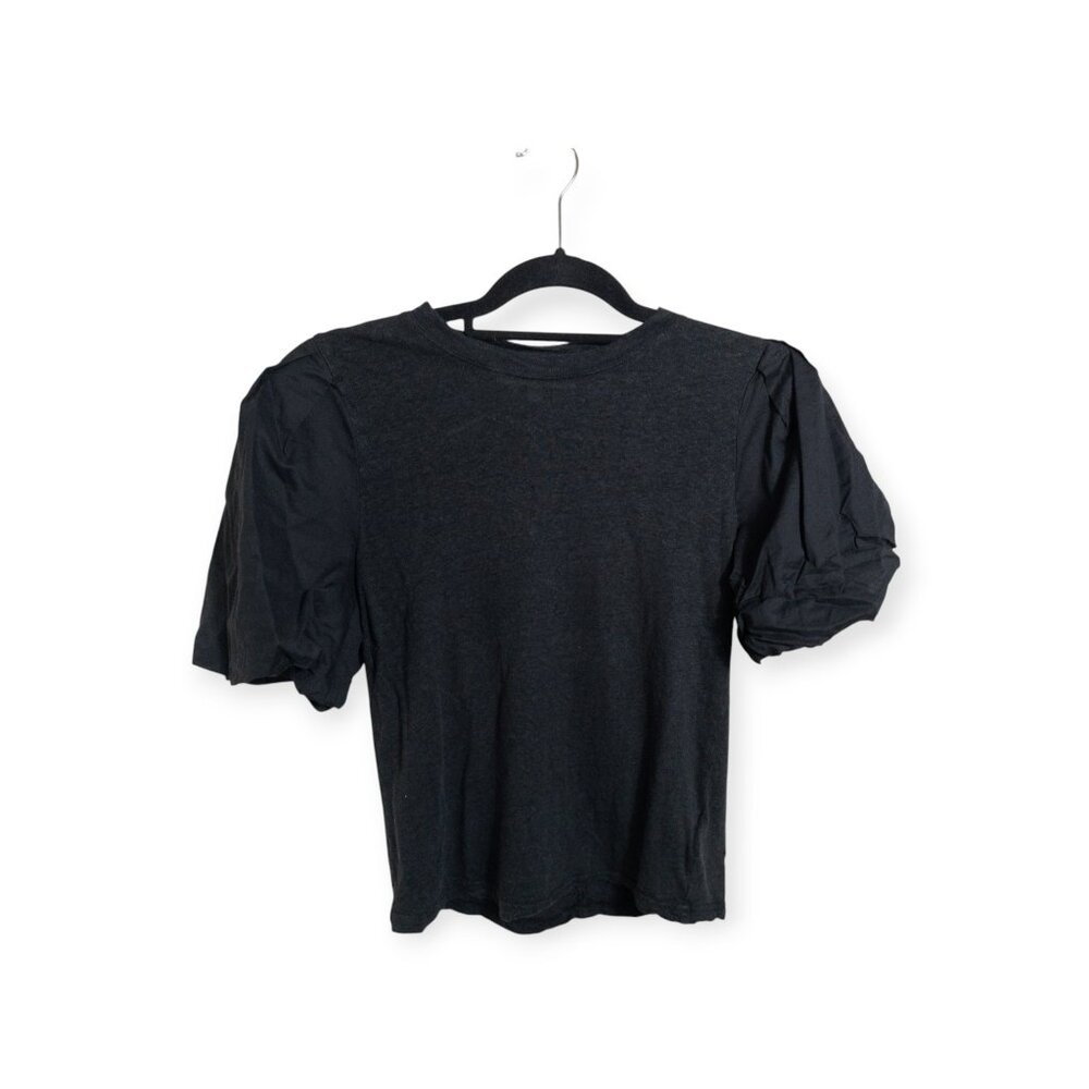 Joie Libby Puff Sleeve Short Sleeve Top Black Shirt Cropped SZ XS Linen Blend